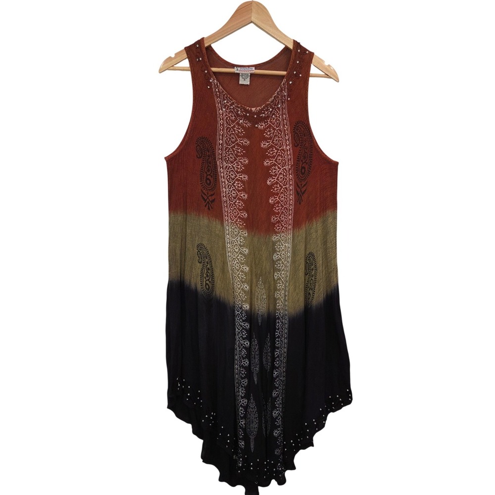 Just Cruisin Boho Rayon Dress Tunic Handkerchief Hem Paisley Free Size Beaded